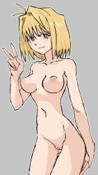 :) arcueid_brunestud banana_breasts blonde_hair breasts color completely_nude completely_nude_female hips looking_at_viewer melty_blood naked naked_female navel nipples nude nude_female pantsu_ripper peace_sign pussy red_eyes short_hair simple_background smile smiling thighs tsukihime tummy type-moon v-sign vagina vampire_girl victory_sign wide_hips