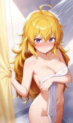 ai_generated blonde_female blonde_hair covering_breasts covering_crotch embarrassed purple_eyes rwby shower towel towel_only walked_in_on yang_xiao_long