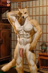 abs anthro balls blancws canid canine canis domestic_dog genitals hand_behind_head hi_res humanoid_genitalia humanoid_penis looking_at_viewer male mammal muscular penis shiba_inu solo spitz standing