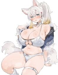 arm_at_side arm_support bikini bra chubby fox_ears fox_girl fox_tail fur_trim huge_breasts jacket messy_hair one_arm_up open_jacket plump shorts sitting thigh_strap