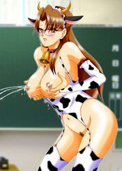 :d animal_ears asuka_(blackasukateach) bell bell_collar blush breast_hold breastless_clothes breasts brown_eyes brown_hair chalkboard classroom collar cow_ears cow_girl cow_horns cow_print cowbell elbow_gloves female glasses gloves horns kurise_asuka_(royalhouse) lactation large_breasts long_hair looking_at_viewer nipples open_mouth original pubic_hair pussy smile solo teacher thighhighs