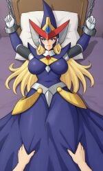 ai_generated android berkana big_breasts blonde_hair bound bound_wrists female_reploid mega_man mega_man_x on_back on_bed pov pov_eye_contact pov_hands purple_outfit reploid robot robot_girl seductive spread_arms thick_thighs tied_to_bed tied_up witch witch_costume witch_hat witch_hunt wrist_cuffs