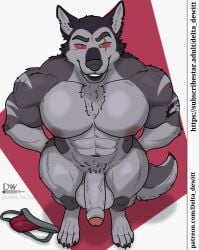 abs anthro balls biceps big_balls big_penis canid canid_demon canine canis clothing delta_dewitt demon digital_media_(artwork) erection eyebrows foreskin fur genitals hellhound helluva_boss hi_res jockstrap looking_at_viewer male male_only mammal muscular muscular_male mythological_canine mythological_creature mythology navel nipples nude nude_male pecs penis red_sclera scar simple_background smile solo tail trapezius uncircumcised underwear vortex_(helluva_boss) wolf