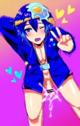 1boy blue_hair censored censored_penis cum egg gay half-dressed half_naked heart id_card kaito_(vocaloid) male male_focus male_only peace_sign penis project_sekai saturated_colors solo suit thighs vocaloid yaoi zhukik