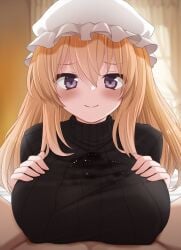 1boy blonde_hair blush breasts cum cum_in_clothes ejaculation female hat highres large_breasts long_hair maribel_hearn mob_cap open_mouth paizuri paizuri_under_clothes purple_eyes ribbed_sweater smile solo_focus sweater tori_(minamopa) touhou