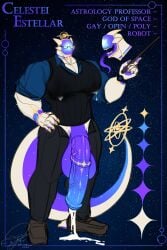 2:3 absurd_res animal_genitalia animal_penis celestei_estellar_(entitropy) deity english_text entitropy equine_genitalia equine_penis genitals hi_res lactation_through_clothes machine male muscular open_mouth penis professor robot square_glasses star text