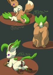 absurd_res ambiguous_gender anal anal_vore animal_genitalia anthro anus ass canid canine duo eevee eeveelution facesitting feet female feral generation_1_pokemon generation_4_pokemon generation_5_pokemon genitals hi_res jewelry leafeon lewdkitten069 mammal necklace nintendo paws pokemon pokemon_(species) purple_eyes reptile scalie sitting_on_another snivy soles speech_bubble transformation vore vulva
