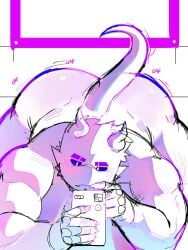ass_up ass_up_face_down big big_ass big_butt chubby chubby_male clapping_ass clapping_butt clapping_cheecks clapping_cheeks front_view horns muscular muscular_arms muscular_male non-human phone shaking_butt tail teixufuru unfinished using_phone