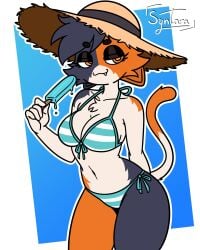 2d anthro_female bikini cat_ears cat_tail catgirl digital_media_(artwork) female female_focus fortnite fortnite:_battle_royale iamsyntara male meow_skulls_(fortnite) popsicle simple_background smug straw_hat