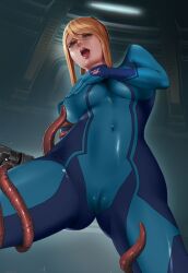 1girls blonde_hair blue_bodysuit body_suit cameltoe covering_breasts dantewontdie green_eyes handbra imminent_sex metroid samus_aran skintight skintight_bodysuit skintight_clothing tentacle tentacle zero_suit zero_suit_samus