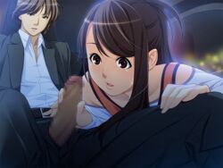 belt black_hair brown_hair censored female game_cg green_eyes handjob ino inside_car kaikan!_spot-light night open_mouth penis red_eyes short_hair sitting sweatdrop