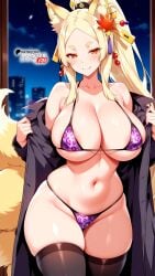 ai_generated areola_slip bedroom bikini bikini_top black_stockings black_thighhighs blonde_hair boosterred99 breasts cleavage coat covered_nipples earrings female hair_ornament high_school_dxd huge_breasts indoors leopard_print leopard_print_bikini naughty_face seductive_smile smile stockings thick_thighs thighs thong_bikini trenchcoat undressing vibrator vibrator_in_pussy yasaka_(high_school_dxd)