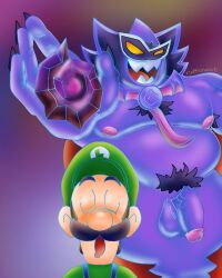 2boys antasma artist_name balls belly body_hair cape chest_hair claws closed_eyes clothed_male_nude_male clothing duo fat fat_belly fat_male gay gem green_hat green_shirt hat humanoid humanoid_male light-skinned_male light_skin looking_at_viewer luigi male male/male male_nipples male_only mario_(series) mario_and_luigi:_dream_team mario_and_luigi_(series) moustache nintendo obese obese_male open_mouth overweight overweight_male penis pubic_hair purple_skin red_cape ruffonaut_(artist) sharp_teeth shirt sleeping teeth testicles