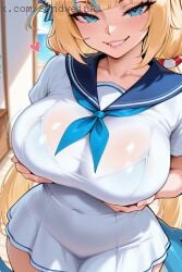 big_breasts hearts_around_head lifting lifting_breasts looking_at_viewer sameko_saba smirk syndweinai thick_thighs vtuber wide_hips