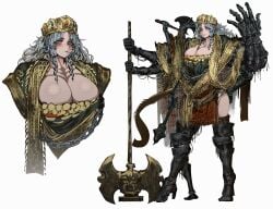 1girls axe big_breasts blush blushing busty circlet cleavage crown elden_ring female female_only fromsoftware godrick_the_grafted grafting greataxe grey_hair huge_breasts large_breasts light-skinned_female light_skin monster monster_girl multi_arm tagme taller_girl tomatolover16 weapon