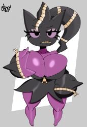 2d annoyed annoyed_expression banette big_breasts breasts breasts_bigger_than_head dress female game_freak grabbing_breasts grabbing_own_breast lowsy_(artist) mega_banette nintendo pokemon purple_body serious shortstack signature solo solo_female tiny_female twitter_link zipper