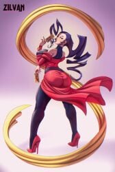 bare_shoulders belt card dress female high_heels highres holding holding_card long_hair pink_dress pink_shoes purple_eyes purple_hair rose_(street_fighter) scarf shoes street_fighter street_fighter_v yellow_scarf zilvan
