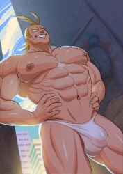 1boy abs all_might balls balls_peek bara big_bulge big_pecs big_penis blonde_hair blue_eyes bulge cerberus_arts erect_nipples erect_penis gay grin hands_on_hips huge_pecs image_sequence image_set male male_focus male_only mature_male muscles muscular muscular_male muscular_thighs my_hero_academia nipples penis smiling solo solo_male superhero thong thong_only tight_balls toshinori_yagi under_wear white_thong white_underwear yaoi