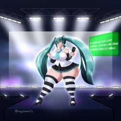 absurd_res ass_bigger_than_skirt big_ass big_butt black_skirt blue_eyes blue_hair blue_nail_polish blue_nails blue_tie detailed_background detatched_sleeves donation_incentive giantess_growth growth_sequence hatsune_miku heels highres hyper_ass long_hair omegabean on_stage painted_nails revealing_clothes short_skirt side_boob solo solo_focus stat_display stats striped_thighhighs thick_thighs twintails vocaloid