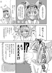 1boy alice_margatroid animal_ears blush cat_ears cat_tail comic cream_(nipakupa) female kemonomimi_mode monochrome tail text touhou translation_request