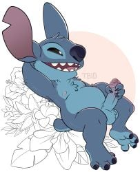 2025 4_fingers 4_toes alien anthro areola artist_name balls biped black_eyes blue_balls blue_body blue_fur blue_nose chest_tuft claws digital_drawing_(artwork) digital_media_(artwork) disney erection experiment_(lilo_and_stitch) feet finger_claws fingers flower fur genitals glans hand_on_penis head_tuft hi_res hibiscus humanoid_genitalia humanoid_penis lilo_and_stitch male masturbation narrowed_eyes notched_ear open_mouth open_smile penile penile_masturbation penis pink_glans plant short_tail simple_background slightly_chubby slightly_chubby_anthro slightly_chubby_male small_tail smile solo stitch_(lilo_and_stitch) tail tbid text toes tuft