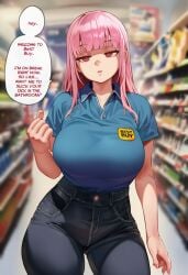 1girls ai_generated black_pants blue_shirt english_text handjob_gesture hololive hololive_english huge_breasts inviting jeans mori_calliope pink_hair red_eyes thick_thighs thighs virtual_youtuber wide_hips