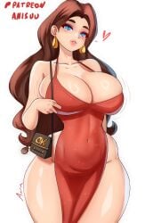 1girls anisdrawn bag bare_shoulders blue_eyes blush breasts brown_hair cleavage commentary covered_navel donkey_kong_(series) donkey_kong_bananza dress earrings english_commentary female floating_earrings gold_earrings highres jewelry large_breasts lipstick long_hair looking_at_viewer makeup mario_(series) mario_kart mario_kart_world navel nintendo pauline_(mario) red_dress red_lips shoulder_bag smile solo super_mario_odyssey taut_clothes taut_dress