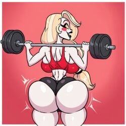 ai_generated ass ass_cleavage ass_crack ass_focus back_view backboob black_nails black_panties blonde_hair blush_stickers breasts butt_crack charlie_morningstar_(hazbin_hotel) civitai crop_top female gym_clothes gym_shorts hair_tie hazbin_hotel huge_ass huge_breasts looking_at_viewer makeup ohhie simple_background spindlehorse_toons sun1sol_(style) tight_clothing vivienne_medrano vivziepop weightlifting