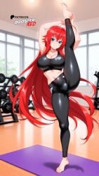 ai_generated barefoot blue_eyes boosterred99 full_body fully_clothed gym high_school_dxd illustrious_(stable_diffusion) large_breasts navel pants pony_diffusion_xl red_hair rias_gremory seductive_smile split splits standing thighs yoga_mat yoga_pants yoga_pose