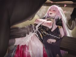 absurdres after_sex animal_penis black_cape black_dress blush breasts cape censored commentary crying crying_with_eyes_open cum cum_overflow dress english_commentary equine female highres hololive hololive_english horse horse_penis horsecock huge_cock kawanmushi large_breasts long_hair lying mori_calliope mori_calliope_(1st_costume) mosaic_censoring nipples on_back open_mouth penis pink_hair shoulder_spikes smile spikes stable straight tears tiara tongue tongue_out trembling virtual_youtuber zoophilia