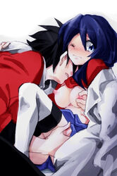 1boy bangs black_hair blue_eyes blue_hair blush breast_grab couple embarrassed ethan_(pokemon) female hair_down hk_(nt) kris_(pokemon) nipples pokemon pokemon_adventures pokemon_gsc thighhighs wink