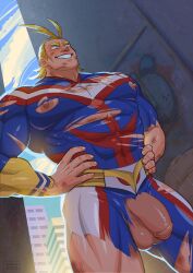 1boy all_might bara barazoku big_penis blonde_hair blue_eyes cerberus_arts cock_worship erect_nipples exposed_penis flaccid flaccid_penis gay grin hands_on_hips image_sequence image_set male male_focus male_only masculine masculine_male mature_male muscles muscular muscular_male my_hero_academia nipples_exposed nipples_visible_through_clothing penis_focus penis_out penis_worship ripped_bodysuit ripped_clothing scars scratches smile solo solo_male superhero toshinori_yagi wounded yaoi
