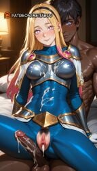 1boy abs after_ejaculation after_sex after_vaginal ai_generated armor bed black_hair black_hairband black_pubic_hair blonde_hair blue_eyes blush bodysuit boobplate breastplate breasts capelet closed_mouth clothed_female_nude_male covered_navel covered_nipples cowgirl_position crotch_cutout cum cum_in_pussy cum_on_body cum_on_clothes cumdrip dark-skinned_male dark_skin female female_pubic_hair gloves gradient_hair hairband heart heart-shaped_pupils impossible_bodysuit impossible_clothes indoors interracial lamp league_of_legends league_of_legends:_wild_rift long_hair looking_at_viewer lux lux_(league_of_legends) lux_legue_of_legends luxanna_crownguard male_pubic_hair medium_breasts meitabuu mismatched_pubic_hair multicolored_hair muscular muscular_male nipples nude on_bed penis pink_eyes pink_hair pubic_hair pussy reverse_upright_straddle riot_games shiny_clothes short_hair shoulder_armor sitting sitting_on_person skin_tight smile solo_focus spread_legs straight sweat symbol-shaped_pupils testicles uncensored veins veiny_penis white_capelet white_gloves