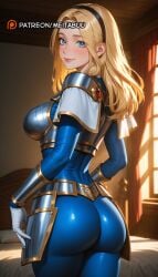 ai_generated armor ass bed bedroom black_hairband blonde_hair blue_bodysuit blue_eyes blush bodysuit boobplate breastplate breasts capelet closed_mouth cowboy_shot curtains faulds female from_behind gloves hairband indoors large_breasts league_of_legends league_of_legends:_wild_rift lips long_hair looking_at_viewer looking_back lux lux_(league_of_legends) lux_legue_of_legends luxanna_crownguard meitabuu on_bed riot_games shiny_clothes shoulder_armor skin_tight smile solo white_gloves window