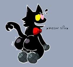 2025 anthro ass balls big_butt black_body black_fur bodily_fluids bow_tie deltarune digital_media_(artwork) domestic_cat electronics felid feline felis flying_sweatdrops fur genitals heterochromia kneeling looking_at_viewer looking_back looking_back_at_viewer male mammal microphone mike_(deltarune) open_mouth pawplants pink_eyes pluey_(deltarune) red_bow_tie simple_background solo sweat sweatdrop tail undertale_(series) yellow_eyes