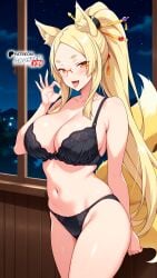 ai_generated arms_up blonde_hair boosterred99 bra cleavage fellatio_gesture fox_ears fox_tail glasses hair_ornament high_school_dxd huge_breasts illustrious_(stable_diffusion) lace_bra long_hair night open_mouth panties pony_diffusion_xl school seductive_smile smile teacher teacher_outfit tongue tongue_out voluptuous yasaka_(high_school_dxd) yellow_eyes