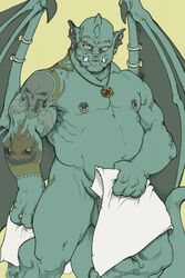 1boy amber_eyes anthro bald balls ballsack barely_visible_balls beard_stubble beefy body_piercing broadway_(gargoyles) dick_root disney facial_hair flaccid_penis forge_(artist) gargoyle gargoyles green_skin hairy_balls horns male male_nipples male_only male_pubic_hair masculine mature_male membranous_wings mostly_nude_male musclegut muscles muscular_male necklace nipple_piercing nipple_rings pecs penis piercing scrotum smooth_skinned_male solo tail tattoos testicles thewielder towel tusks wings