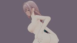 big_ass black_skirt blender blender3d blender_eevee female grabbing_own_ass hoyoverse looking_at_viewer looking_back naked naked_female no_glasses no_skirt nude pink_background pink_eyes pink_hair tsukishiro_yanagi zenless_zone_zero
