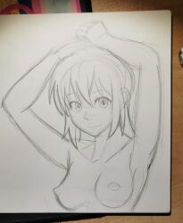 1girls areolae arms_up black_and_white breasts hands_on_head looking_at_viewer monochrome nipples original original_character pencil_(artwork) perky_breasts small_breasts solo solo_female traditional_media_(artwork)
