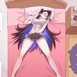 arched_back black_hair black_horns black_shorts blue_hair burger colored_inner_hair crop_top culver's cup disposable_cup female female_masturbation female_orgasm food hand_under_clothes hand_under_shorts hololive hololive_english horns implied_fingering indoors jailbird_(nerissa_ravencroft) long_hair lying masturbation multicolored_hair navel nerissa_ravencroft on_back on_bed orgasm photo-referenced red_eyes scene_reference seekorplatypus shirt shorts solo sora_no_iro_mizu_no_iro virtual_youtuber white_shirt