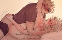 2boys ^^^ alhaitham_(genshin_impact) anal bed blush breath commentary completely_nude eye_contact eyelashes genshin_impact hand_on_another's_ass hand_on_another's_head highres kaveh_(genshin_impact) legs_up looking_at_another lying male_focus male_penetrated male_underwear male_underwear_pull motion_lines multiple_boys nipples nude on_back open_mouth pectorals pillow sex shirt short_hair short_sleeves steffiepoo t-shirt teeth trembling underwear upper_teeth_only wavy_hair yaoi