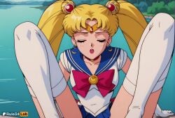 1girls ai_generated artist_name bishoujo_senshi_sailor_moon blonde_hair blue_sailor_collar blue_skirt bow breasts choker closed_eyes crescent crescent_earrings double_bun earrings elbow_gloves garter_straps gloves hair_bun hi_res jewelry leotard long_hair magical_girl open_mouth parted_bangs pleated_skirt red_bow red_choker retro_artstyle rule34lab sailor_collar sailor_moon sailor_moon_redraw_challenge_\(meme\) sailor_senshi_uniform sitting skirt solo spread_legs thighhighs tsukino_usagi twintails usagi_tsukino white_gloves white_thighhighs