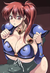 1boy 1girls armor blush breasts censored female green-skinned_male green_skin heroine huge_breasts jewelry kloah light-skinned_female light_skin male paizuri red_eyes red_hair side_ponytail straight sweat