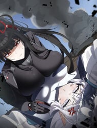 2girls absurdres accident anger_vein arm_up asymmetrical_docking black_bodysuit black_hair black_halo blue_archive blue_sky blunt_bangs blush bodysuit breast_envy breast_press breasts bright_pupils closed_mouth commentary_request day dutch_angle hair_ornament halo head-mounted_display highres himari_(armed)_(blue_archive) himari_(blue_archive) impossible_bodysuit impossible_clothes jacket large_breasts latex latex_bodysuit long_hair long_sleeves looking_at_another lying medium_breasts mole mole_under_eye multicolored_halo multiple_girls official_alternate_costume official_alternate_hairstyle on_back open_clothes open_jacket outdoors pointy_ears ponytail purple_eyes red_eyes ringed_eyes rio_(armed)_(blue_archive) rio_(blue_archive) shaded_face sidelocks skin_tight sky smoke sweat two-tone_halo very_long_hair white_bodysuit white_hair white_halo white_jacket white_pupils