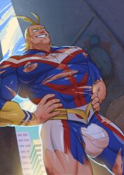 1boy all_might bara barazoku big_bulge blonde_hair blue_eyes bulge bulge_through_clothing cerberus_arts erect_nipples gay grin hands_on_hips image_sequence image_set male male_focus male_only masculine masculine_male mature_male muscles muscular muscular_male my_hero_academia nipples_exposed nipples_visible_through_clothing ripped_bodysuit ripped_clothing scars scratches smile solo solo_male superhero thong thong_underwear toshinori_yagi white_thong wounded yaoi