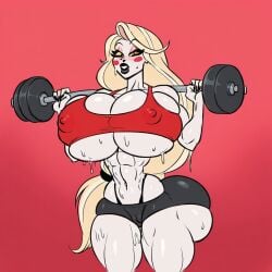 ai_generated ass ass_cleavage ass_crack ass_focus back_view backboob black_nails black_panties blonde_hair blush_stickers breasts butt_crack charlie_morningstar_(hazbin_hotel) civitai crop_top dumbbell exercise_clothing female gym_clothes hair_tie hazbin_hotel huge_ass huge_breasts looking_at_viewer makeup ohhie simple_background spindlehorse_toons sun1sol_(style) sweat sweatdrop sweating sweaty tight_clothing vivienne_medrano vivziepop weightlifting