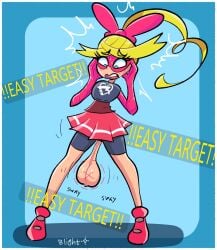 1futa arms_(game) balls balls_out blightstar blonde_hair blush clothed dangling_testicles english_text eye_mask futanari game_mechanics hands_on_face light_skin mask nintendo ponytail reticle ribbon_girl sagging_balls shocked shoes skirt standing swaying tagme target wardrobe_malfunction
