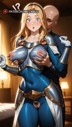 !? 1boy :o ai_generated armor bald bed bedroom black_hairband blonde_hair blue_bodysuit blue_eyes blush bodysuit boobplate breastplate breasts censored collarbone covered_navel cowboy_shot desk_lamp faceless faceless_male female female_pubic_hair gloves grabbing grabbing_another's_breast grabbing_from_behind hairband impossible_bodysuit impossible_clothes indoors lamp large_breasts league_of_legends league_of_legends:_wild_rift long_hair looking_down lux lux_(league_of_legends) lux_legue_of_legends luxanna_crownguard meitabuu mismatched_pubic_hair mosaic_censoring nipples open_mouth pubic_hair pussy riot_games shiny_clothes skin_tight straight surprised sweat torn_clothes white_gloves wide-eyed