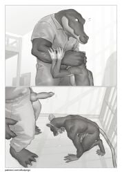 4_fingers 5_fingers 5_toes absurd_res animal_genitalia animal_penis anthro aroused asphyxiation bed big_dom_small_sub bodily_fluids border buckteeth bunk_bed canine_genitalia canine_penis ceiling choking choking_on_penis claws closed_eyes clothed clothed/nude clothed_sex clothing comic coughing_cum countershading crocodile crocodilian cum cum_drip cum_in_mouth cum_inside cum_on_ground cum_on_penis digital_drawing_(artwork) digital_media_(artwork) dominant dripping duo erection feet fingers flaccid floor forced forced_oral furniture genital_fluids genitals greyscale hand_on_arm head_grab hi_res high-angle_view humanoid_genitalia humanoid_penis imprisoned imprisonment inside interspecies intimidation jumpsuit kneeling knot low-angle_view male male/male mammal membrane_(anatomy) monochrome motion_blur murid murine muscular muscular_male narrowed_eyes nipples nude open_mouth oral oral_penetration patreon paws penetration penis penis_in_mouth penis_poking_out penis_through_fly pngx prison prison_bars prison_cell prison_rape prison_uniform prisoner public public_nudity rape rat rat_tail reptile rodent scalie sex shaded shadow sharp_teeth side_view simple_shading size_difference slim_male smaller_male standing struggling sweat sweatdrop tail teeth text toes tongue uniform url webbed_feet whiskers white_border