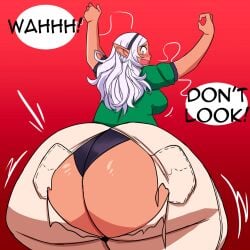 1girls ass ass_bigger_than_body ass_bigger_than_breasts ass_bigger_than_head ass_bigger_than_torso ass_body bbw big_breasts big_hips big_thighs black_panties bottom_heavy breasts butt_bigger_than_body butt_bigger_than_breasts butt_bigger_than_head butt_bigger_than_torso chubby chubby_female cookies-cat dark-skinned_female dark_body dark_elf dark_skin elf elf-san_wa_yaserarenai elf_ears female gigantic_ass gigantic_butt gigantic_hips gigantic_thighs gradient_background green_t-shirt huge_ass huge_breasts huge_butt huge_hips huge_thighs kuroeda panties ripped_clothing ripped_jeans ripping ripping_ass ripping_clothes ripping_clothing ripping_pants sideboob silver_hair tearing_clothes tearing_clothing tearing_open_bottoms text text_bubble thick thick_ass thick_butt thick_hips thick_legs thick_thighs wide_hips wide_thighs